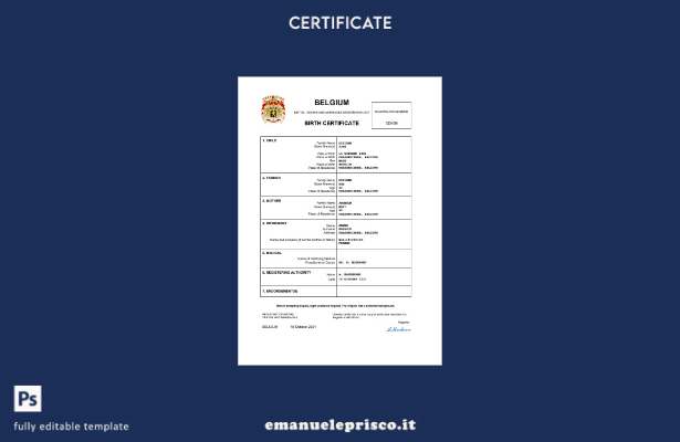 stile verificato Certificato di nascita dello stato di stato belga Modello Word 